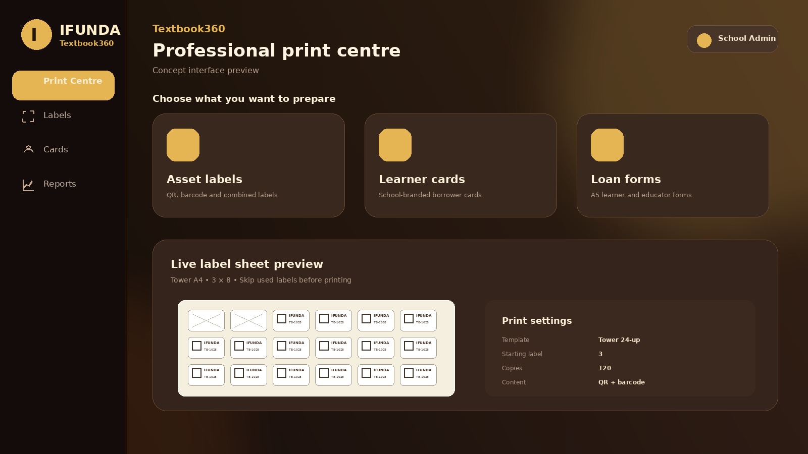 Textbook360 print centre showing professional school documents